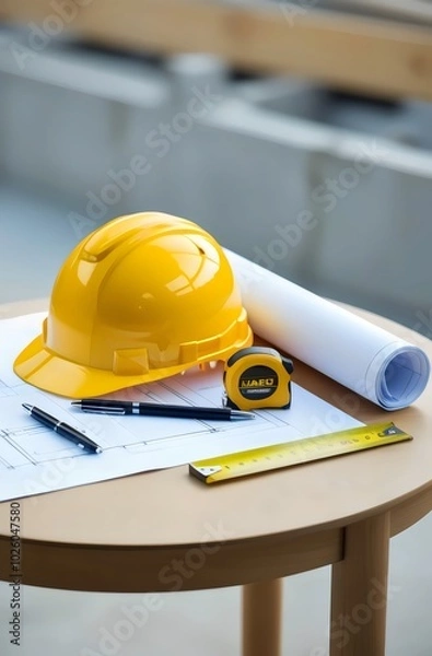 Fototapeta Construction workspace with a yellow hard hat, detailed floor plan drawing, pens, and a triangular ruler, and more,  illustrating essential tools for architectural or construction planning