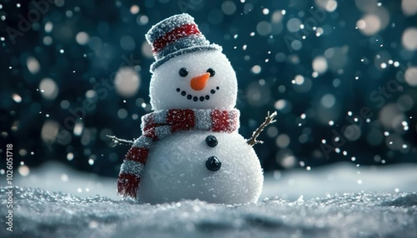 Fototapeta A charming snowman with a scarf and hat surrounded by falling snowflakes in a winter wonderland setting.
