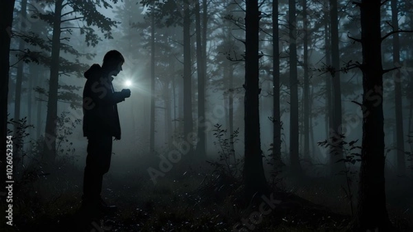 Obraz Mysterious Figure Holding Flashlight in Misty Woods