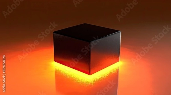 Fototapeta A black cube with glowing orange light underneath, on a dark background.