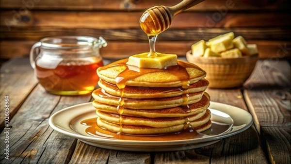Fototapeta Fluffy golden pancakes drenched in maple syrup and melting butter sit alongside a honey jar, all beautifully arranged on a rustic wooden table.