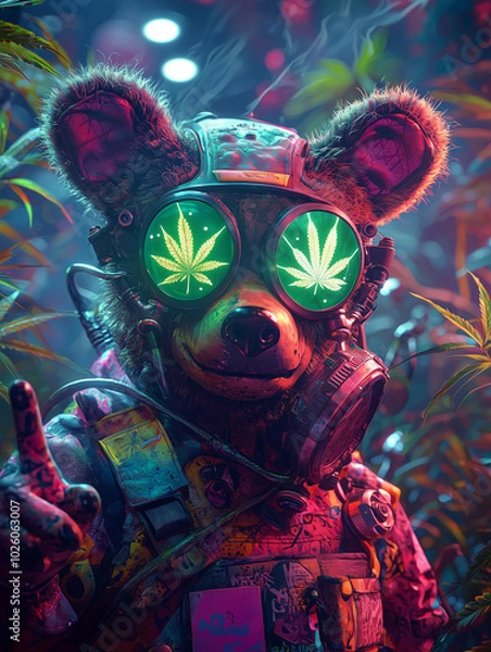 Obraz A colorful bear wearing cannabis-themed glasses exudes chill vibes in a surreal