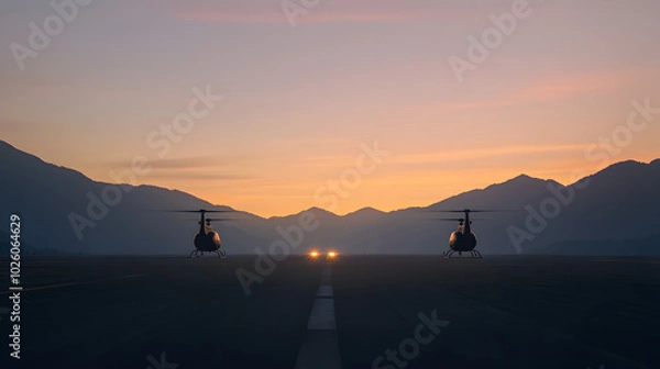 Fototapeta Two helicopters idling on a runway at dusk, rotors still, with a minimal backdrop of mountains. Simple and peaceful.


