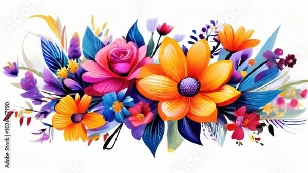 Fototapeta A vibrant floral arrangement featuring colorful flowers and leaves in a decorative design.