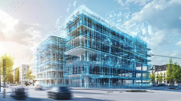 Obraz Generative AI, Sustainable Smart Building with Digital Blueprint and Live Data Overlays
