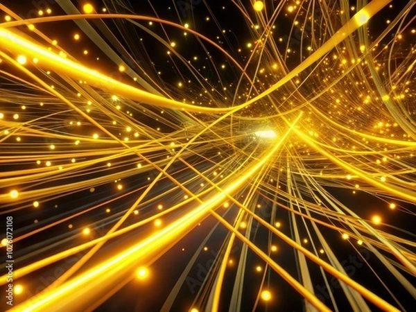 Fototapeta Immerse yourself in a dynamic 3D animation set against an abstract black canvas, showcasing luminous golden yellow neon lines and flowing trails in motion.