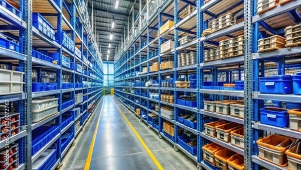 Fototapeta Implementing effective storage solutions in factory warehouses significantly improves spare parts and component distribution, enhancing operational efficiency and ensuring better inventory management 