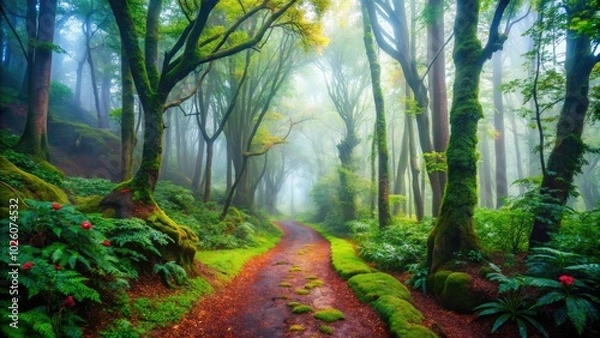 Fototapeta In a foggy forest, an enigmatic trail beckons, enveloped by vibrant greenery and majestic trees, inviting curious souls to uncover its mysteries.