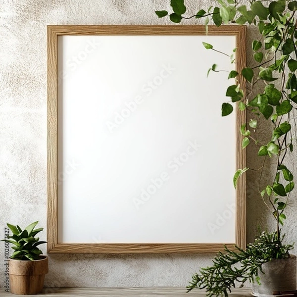 Fototapeta A natural, eco-friendly setting with an empty wooden frame surrounded by green plants on a rustic wall background.