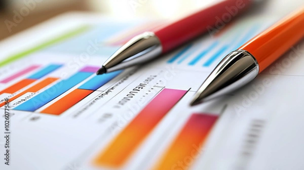 Obraz Colorful bar charts and pens on a business report