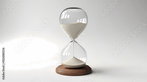 Obraz Elegant glass hourglass on a wooden base, with white sand flowing smoothly, symbolizing the passage of time.