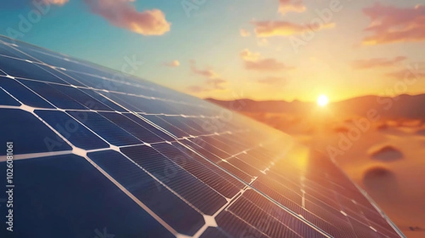 Fototapeta Solar panels in desert capture vibrant energy of setting sun, highlighting sustainable technology and renewable energy solutions