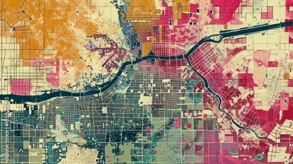Fototapeta Vibrant Aerial Cityscape Map Displaying Urban Planning and Infrastructure