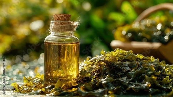 Fototapeta Fresh Bladderwrack Seaweed and Extract in a Bottle