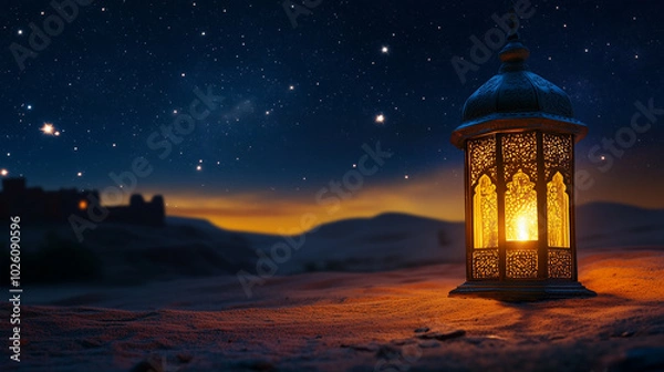 Fototapeta Traditional glowing Arabic lantern in middle of desert night sky background. Copy space Ramadan banner