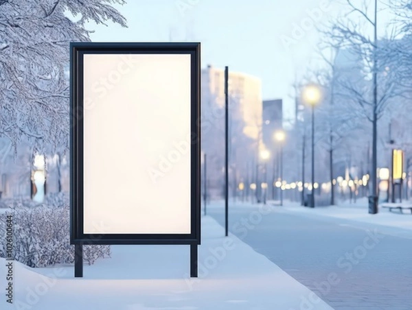 Fototapeta A realistic mockup of an A3 poster on the wall, black frame. The billboard features a blank page. On the background winter time