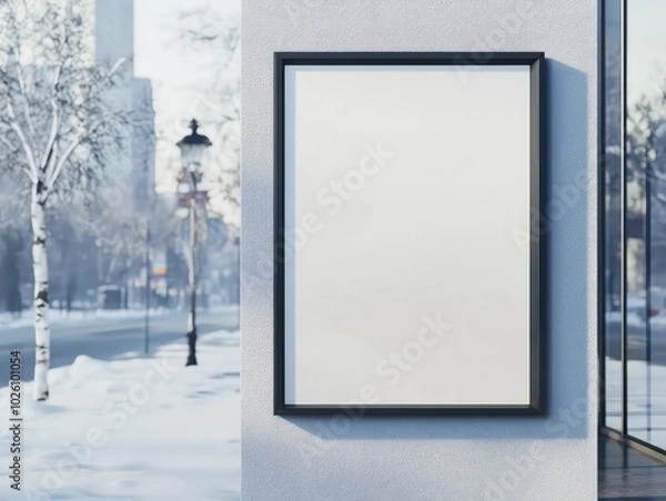 Fototapeta A realistic mockup of an A3 poster on the wall, black frame. The billboard features a blank page. On the background winter time