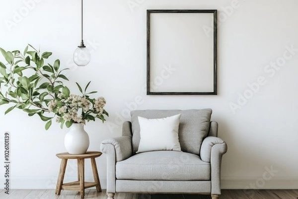 Fototapeta A serene, minimalist living space featuring a mid-grey armchair with a matching cushion, placed against a crisp white wall.