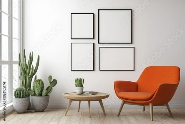 Fototapeta A wall with four blank picture frames, a living room interior design that is modern and clean. On the right side of the wall, there is an orange armchair.