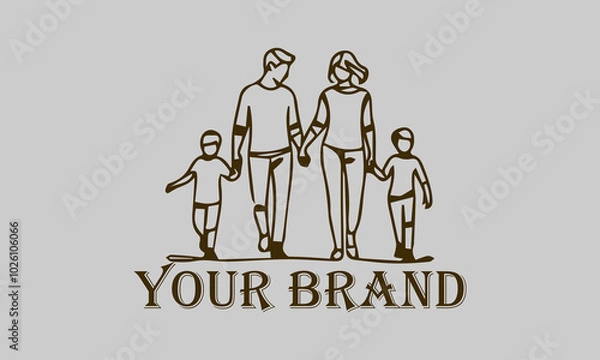 Fototapeta This continuous line illustration shows a family consisting of a father, mother and two small children walking happily together. The elegant minimalist art style with smooth lines creates a soft