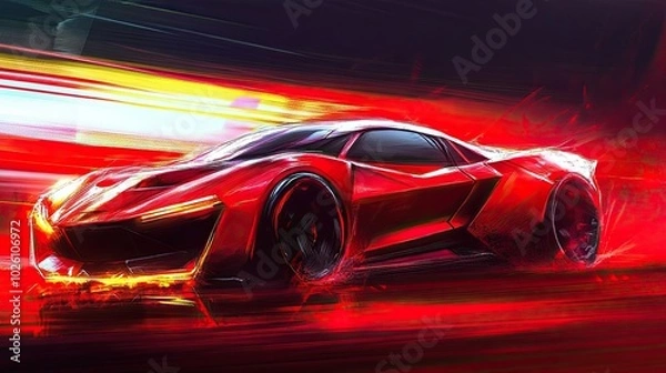 Fototapeta A red sports car speeding through a blurry, red background with streaks of light.