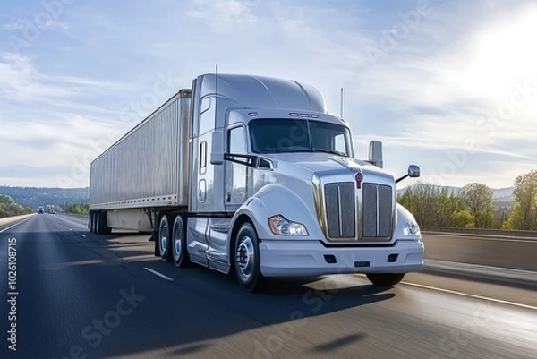 Fototapeta White Truck on Open Highway with Clear Sky