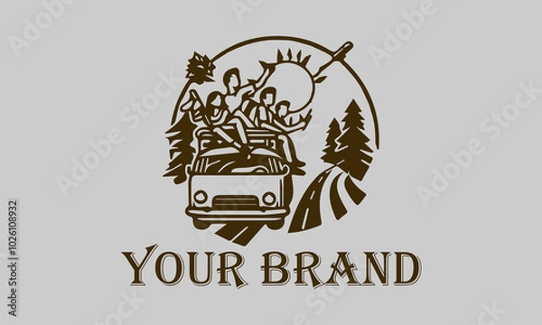 Fototapeta This vector illustration shows a group of friends walking on the beach, laughing out loud. The minimalist art style with smooth lines creates a relaxed and pleasant impression