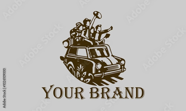 Fototapeta This vector illustration shows a group of friends walking on the beach, laughing out loud. The minimalist art style with smooth lines creates a relaxed and pleasant impression