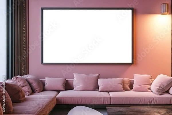 Fototapeta blank frame on the clean wall of the modern cozy pinky living room, soft light, frame on the foreground