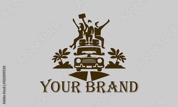 Fototapeta This vector illustration shows a group of friends walking on the beach, laughing out loud. The minimalist art style with smooth lines creates a relaxed and pleasant impression