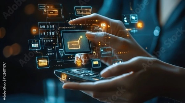 Fototapeta Close-up of hands interacting with futuristic virtual interface on a smartphone, symbolizing technology, digital innovation, and data analysis.