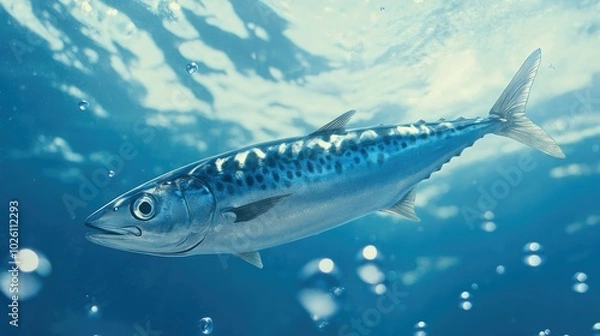 Fototapeta A silvery mackerel darting through clear blue waters in search of food, with small bubbles around.