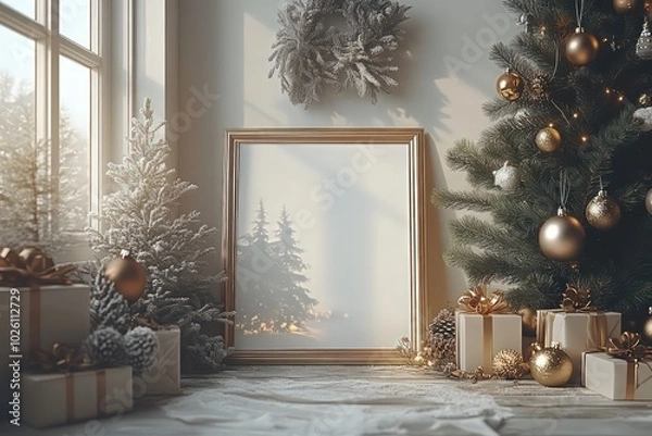 Fototapeta christmas frame, format a4 with white background, mockup for poster, front view, minimal interior