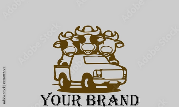 Fototapeta This vector illustration shows three cows sitting in the bed of a pickup truck with happy expressions. They seem to be enjoying the trip. This illustration is suitable for representing the concepts