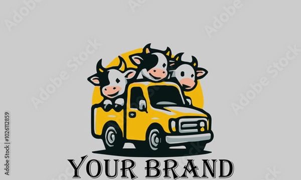 Fototapeta This vector illustration shows three cows sitting in the bed of a pickup truck with happy expressions. They seem to be enjoying the trip. This illustration is suitable for representing the concepts