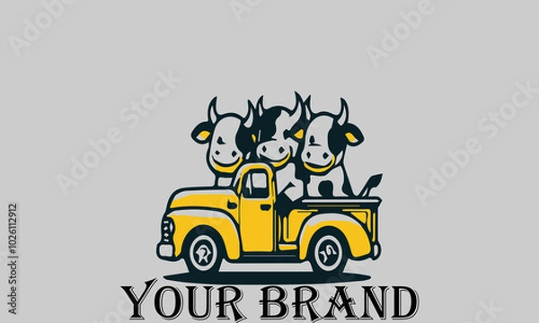 Fototapeta This vector illustration shows three cows sitting in the bed of a pickup truck with happy expressions. They seem to be enjoying the trip. This illustration is suitable for representing the concepts