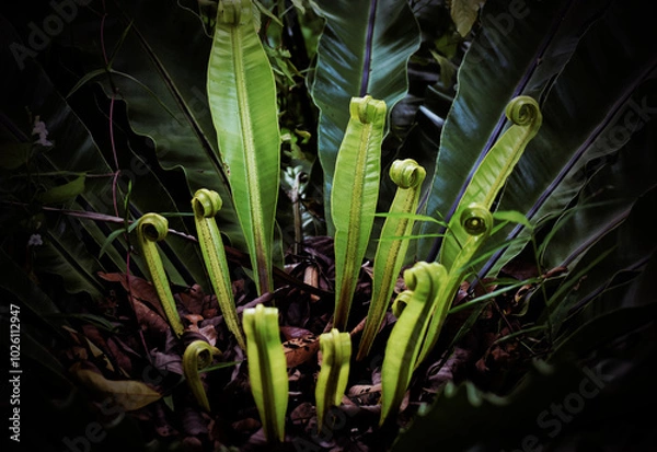 Fototapeta Exotic tropical ferns with shallow depth of field. Green spring, Beautiful background, Abstract green color. young Bird's nest fern leaves.
