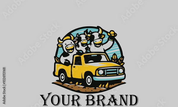 Fototapeta This vector illustration shows three cows sitting in the bed of a pickup truck with happy expressions. They seem to be enjoying the trip. This illustration is suitable for representing the concepts