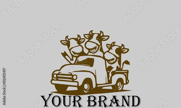 Fototapeta This vector illustration shows three cows sitting in the bed of a pickup truck with happy expressions. They seem to be enjoying the trip. This illustration is suitable for representing the concepts