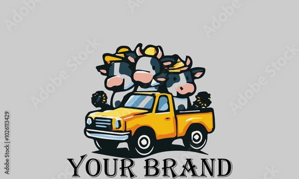 Fototapeta This vector illustration shows three cows sitting in the bed of a pickup truck with happy expressions. They seem to be enjoying the trip. This illustration is suitable for representing the concepts