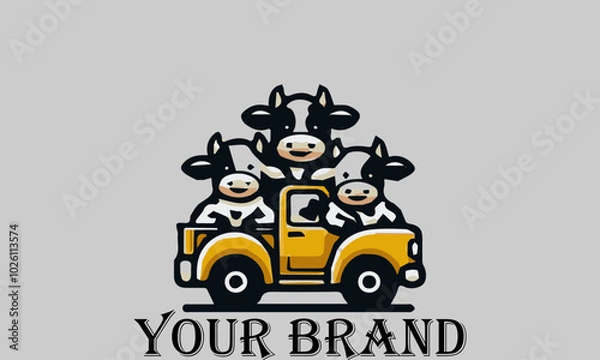 Fototapeta This vector illustration shows three cows sitting in the bed of a pickup truck with happy expressions. They seem to be enjoying the trip. This illustration is suitable for representing the concepts