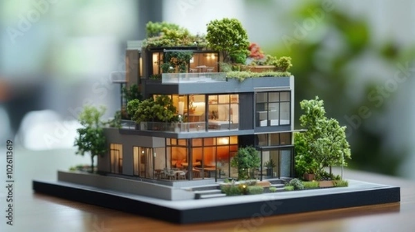Fototapeta A tiny urban apartment building model, highlighting the compact design of units with rooftop greenery and a ground-level cafe.