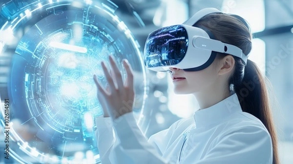 Fototapeta A virtual reality app for patient rehabilitation exercises in a futuristic health center.