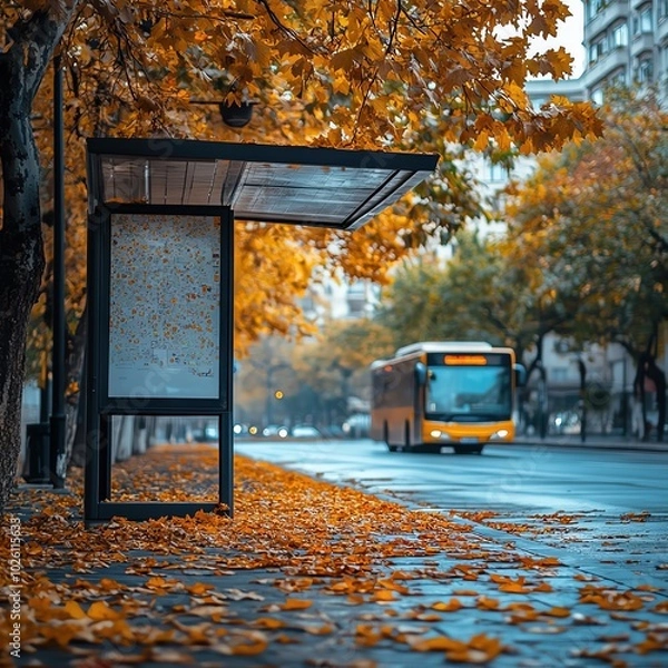 Obraz A bus stop with an empty advertising billboard in an urban setting with fallen leaves on the ground and a bus passing by in the background. Generative AI