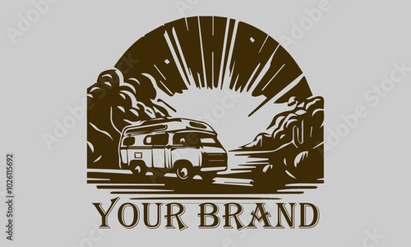 Fototapeta This vector illustration shows a vintage camper van driving over the vast desert sands. The setting sun rays provide a warm and dramatic effect on the image representing the concepts of freedom