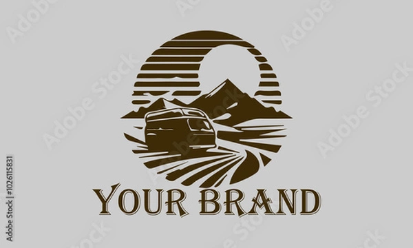 Fototapeta This vector illustration shows a vintage camper van driving over the vast desert sands. The setting sun rays provide a warm and dramatic effect on the image representing the concepts of freedom