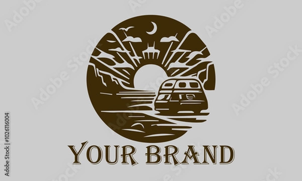 Fototapeta This vector illustration shows a vintage camper van driving over the vast desert sands. The setting sun rays provide a warm and dramatic effect on the image representing the concepts of freedom