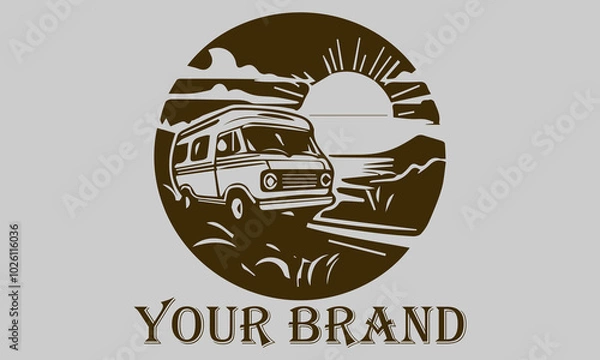 Fototapeta This vector illustration shows a vintage camper van driving over the vast desert sands. The setting sun rays provide a warm and dramatic effect on the image representing the concepts of freedom