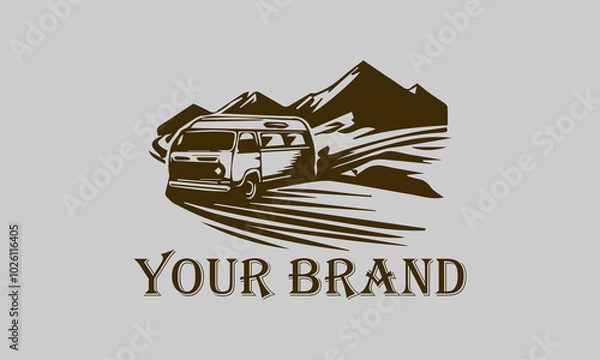 Fototapeta This vector illustration shows a vintage camper van driving over the vast desert sands. The setting sun rays provide a warm and dramatic effect on the image representing the concepts of freedom