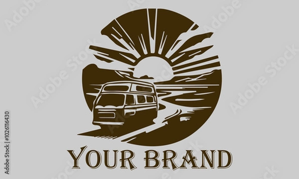 Fototapeta This vector illustration shows a vintage camper van driving over the vast desert sands. The setting sun rays provide a warm and dramatic effect on the image representing the concepts of freedom